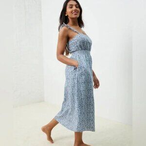 UpWest | Linen & Cotton Floral Midi Dress Ruffle Strap Blue & White | Small